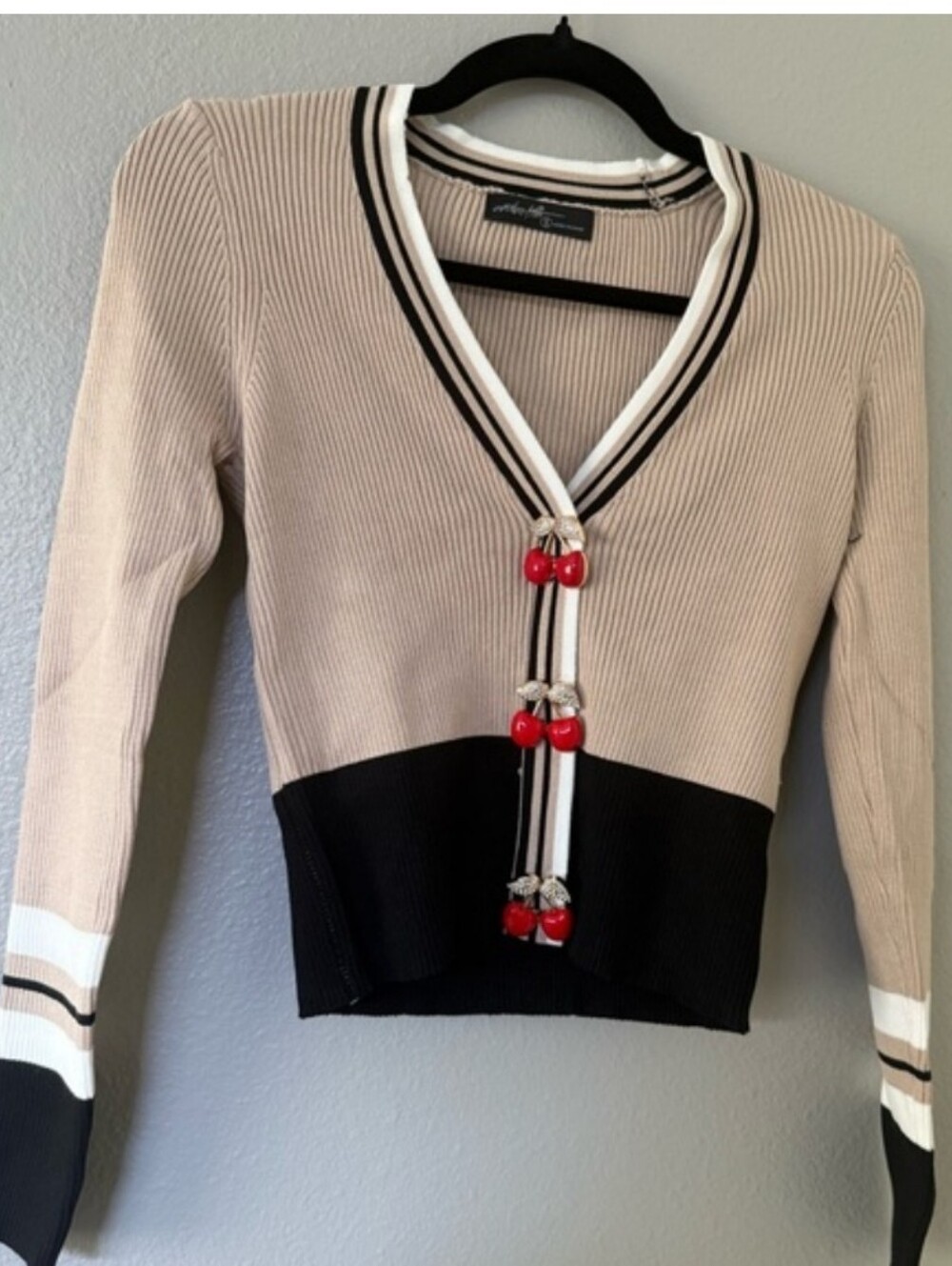 Beige and Black Ribbed V-Neck Cardigan with Cherry Buttons